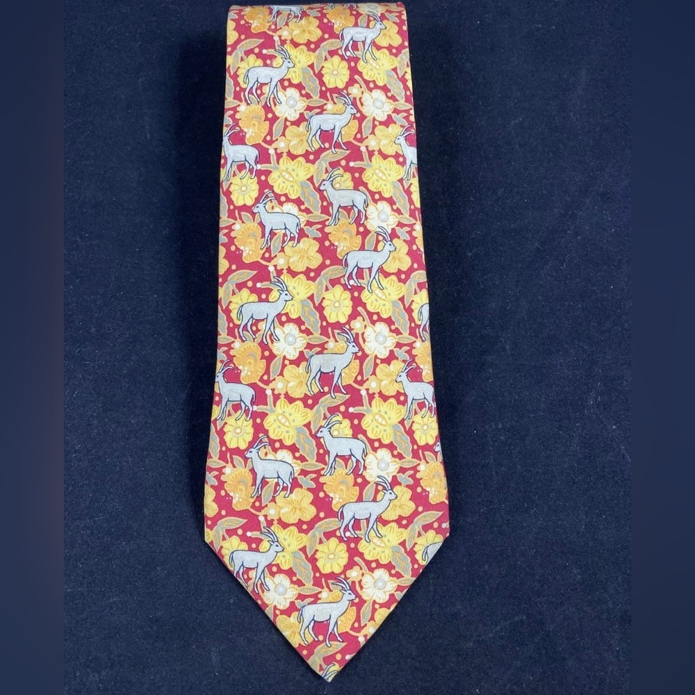 Vintage HERMES Red Yellow Flowers Deer Men's 100% Silk Skinny Neck Tie 7470 HA